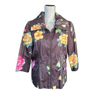 Kial Brown Yellow Floral 3/4 Sleeve Zip Blazer Jacket M